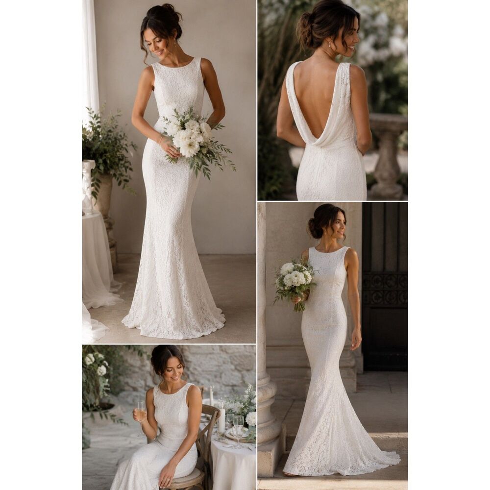 Lulus Ivory Lace Mermaid Wedding Dress XS Cowl Back Bridal Gown